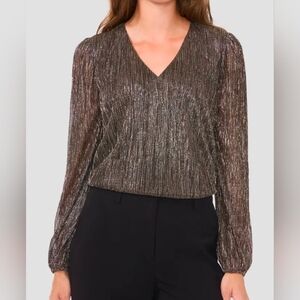 Halogen Metallic V-Neck Flowy Blouse, Sheer Long Sleeves, Sz Medium, EUC!